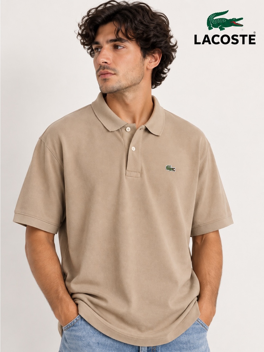 Vintage Lacoste Made in France Polo Shirt Beige Tan Size 6 100% Cotton